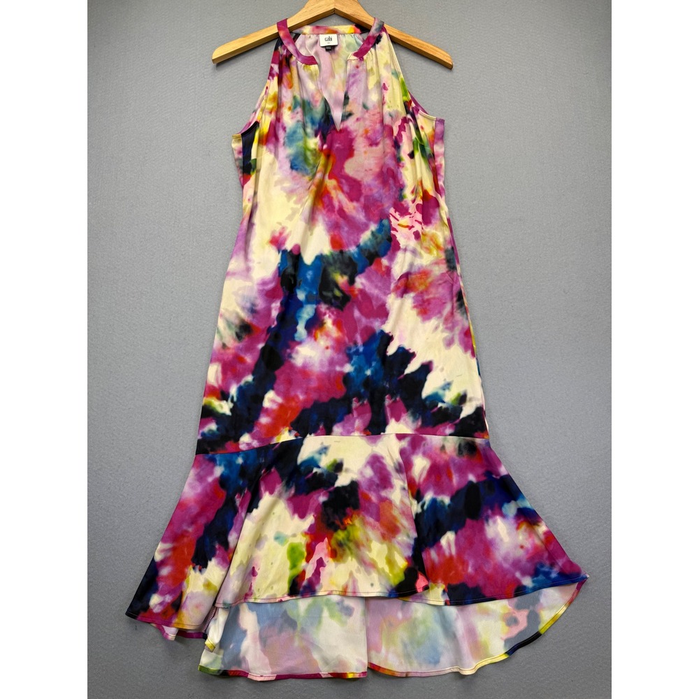 Cabi 5971 Women XS Multicolor Tie Dye Halter High-Low Flounce Maxi Dress Chiffon